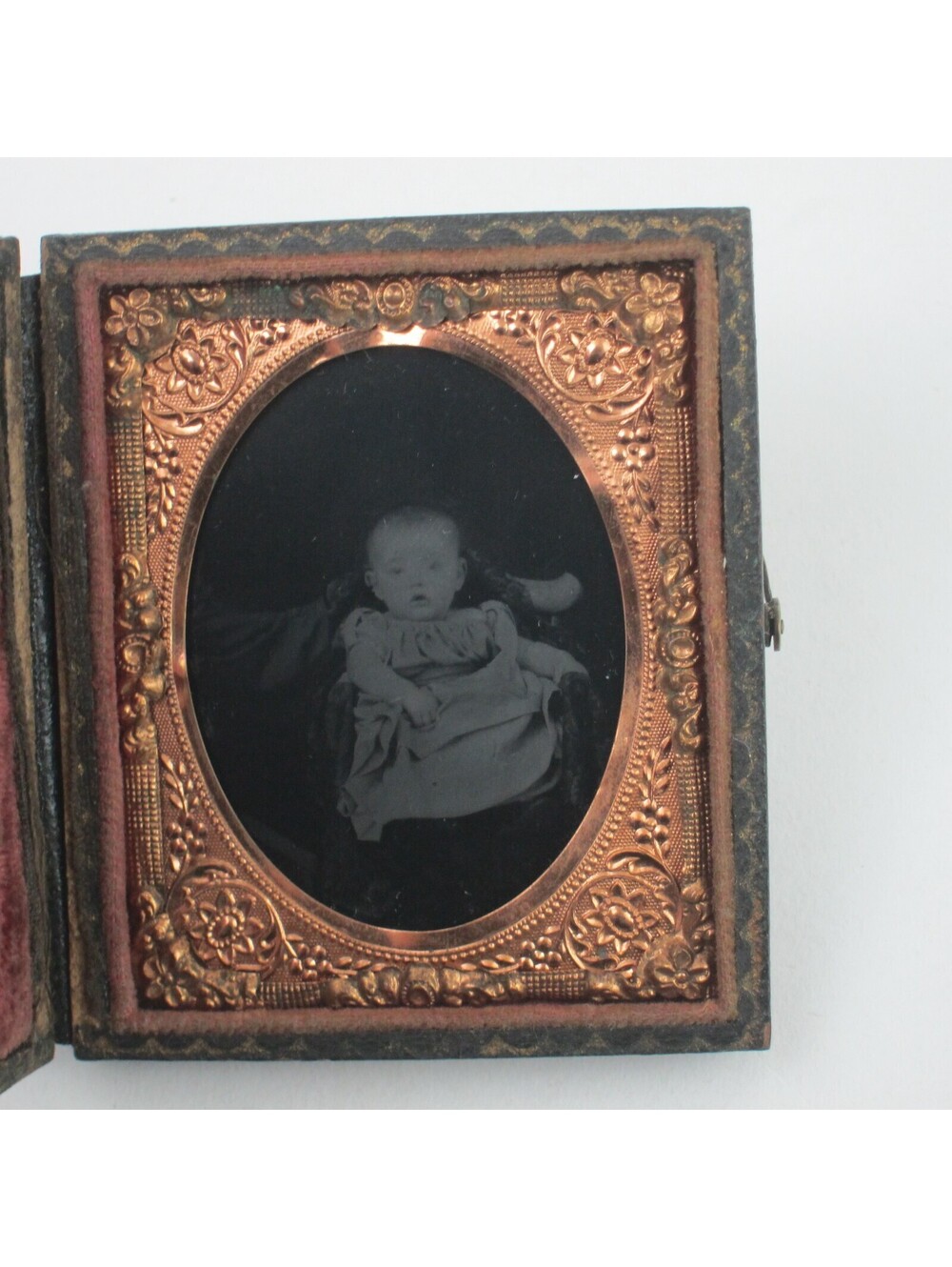 Tintype Photo Baby Sitting in Chair Fabric Covered Union Case Gold Frame Antique